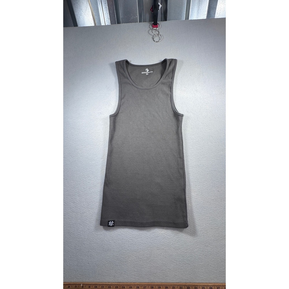 Ekkovision Mens XL Ribbed Tank Top Charcoal Gray Athletic Gym Shirt Logo Patch